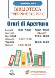 Biblioteca comunale di Ales "Peppinetto Boy", orari di apertura